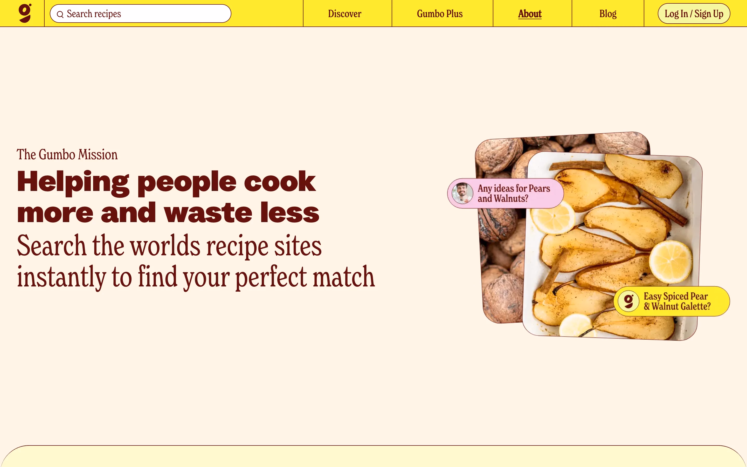 Gumbo's About page: 'Helping people cook more and waste less', beside a tray of roasted pears with a chat bubble asking for ideas for pears and walnuts.