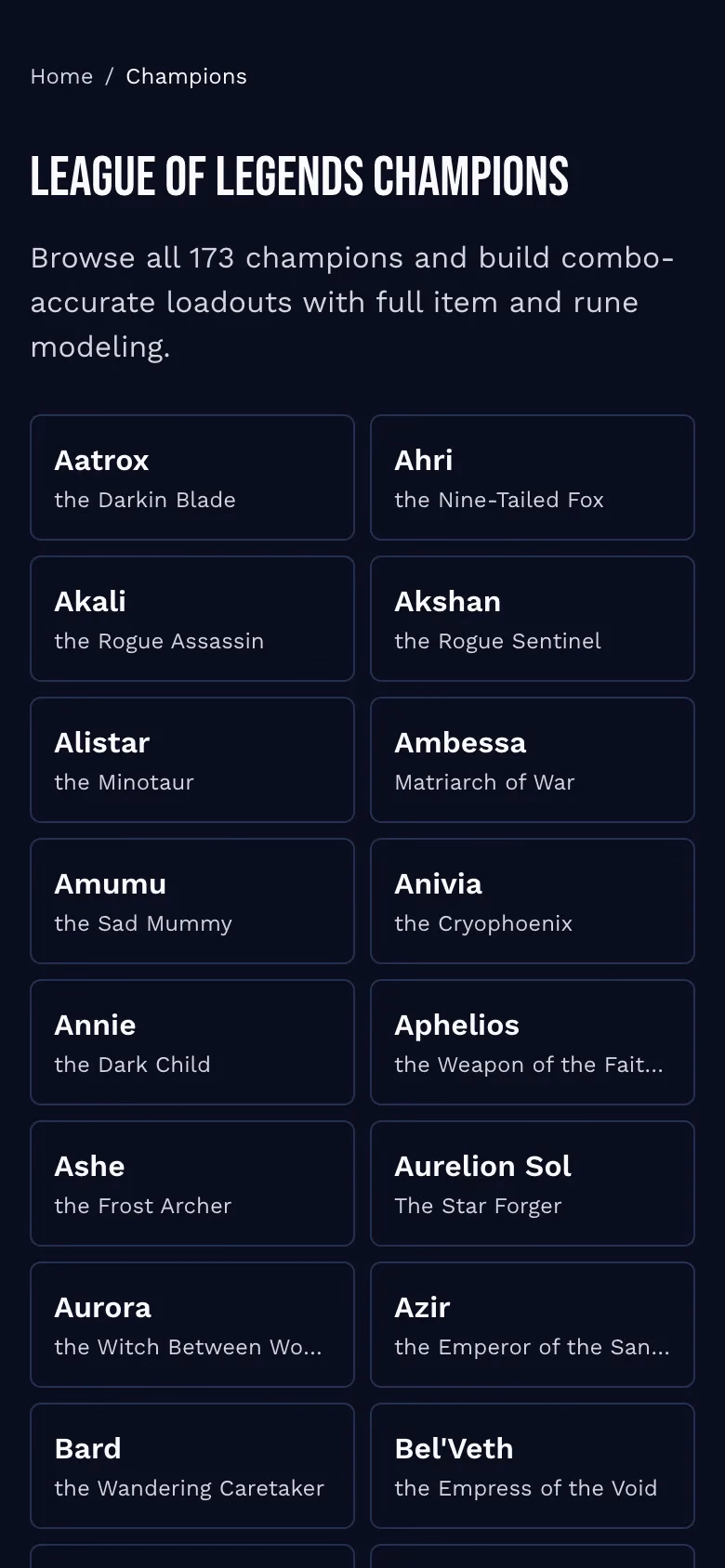 The champions list on a phone: all 173 champions as cards, two to a row.