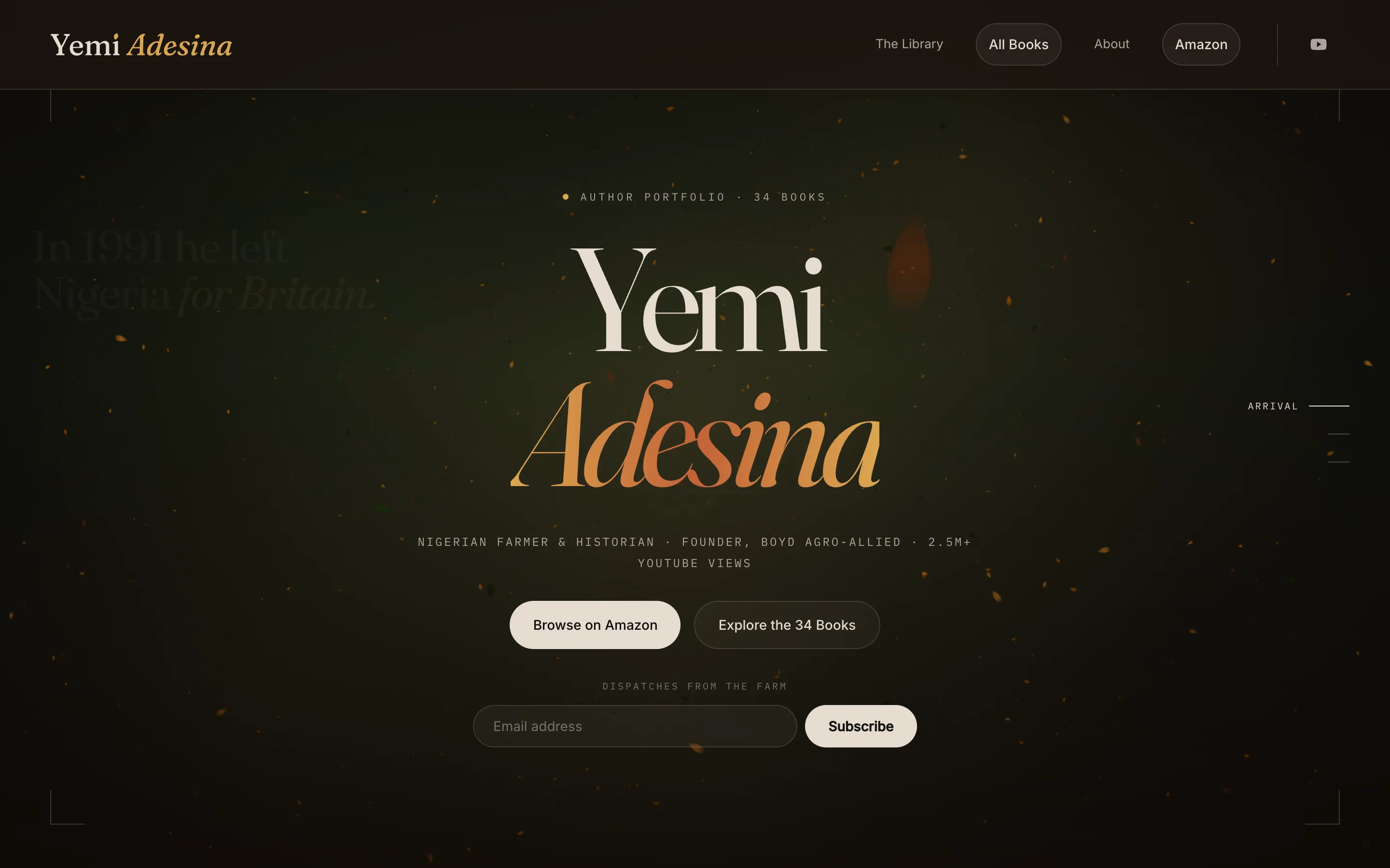 Yemi Adesina's author site: his name set large on dark green, 'Author portfolio, 34 books', with buttons to browse on Amazon or explore the books, and an email sign-up.